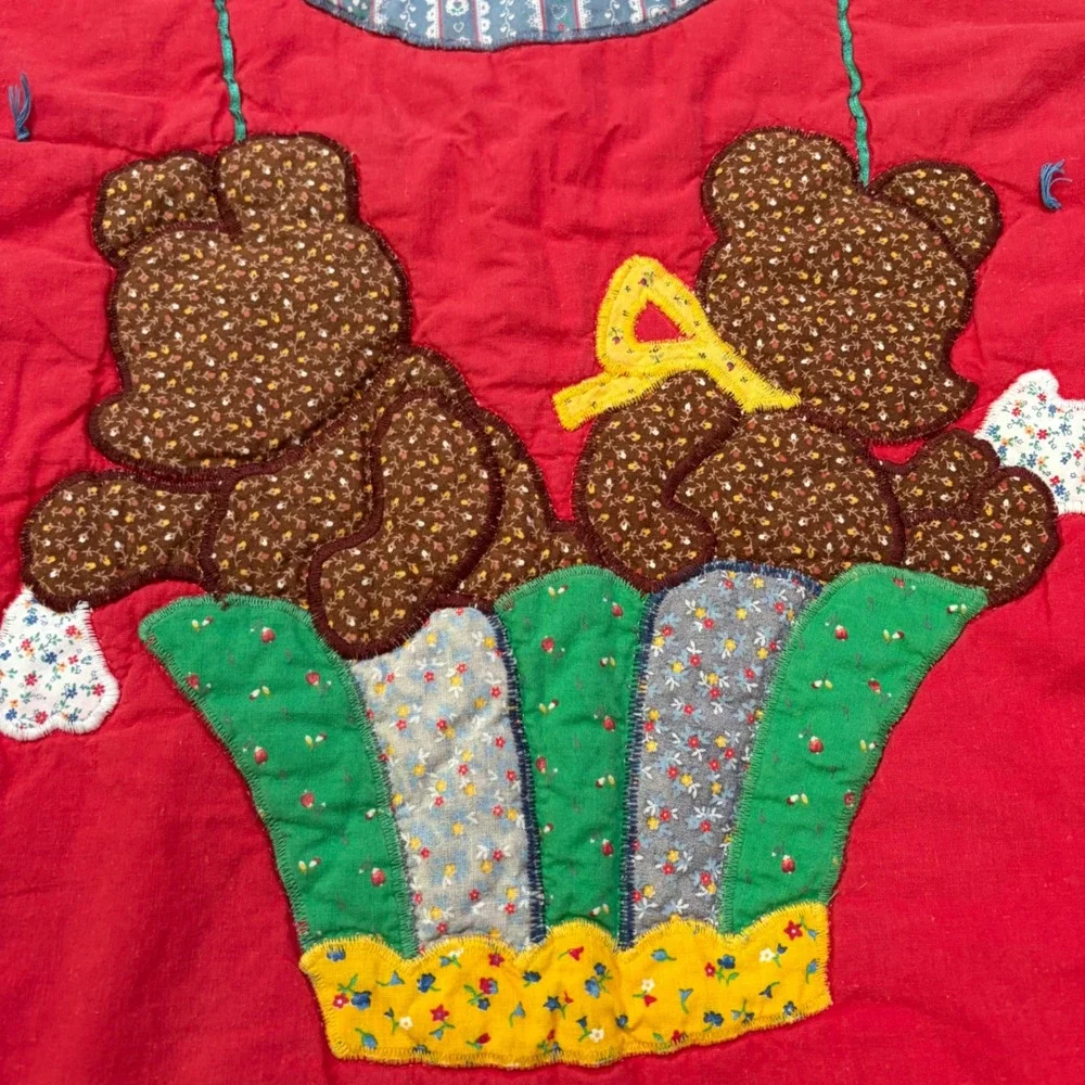 Vtg Handmade Baby Quilt Teddy Bear Hot Air Balloon Red Yellow Blue Patch Flaw